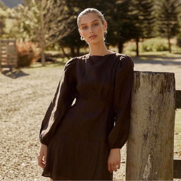 dissh chocolate brown dress Haylee Sleeveless Linen Cowl Midi Dress in Burnt Choc By DISSH main image 1